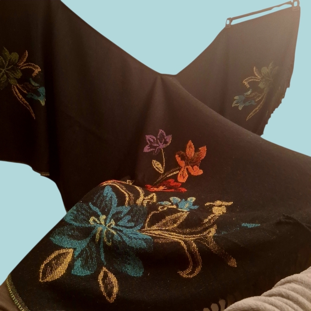 Black Shawl Wrap with Vibrant Colorful Floral | Multicolor Woven Fabric - Picture 15 of 16